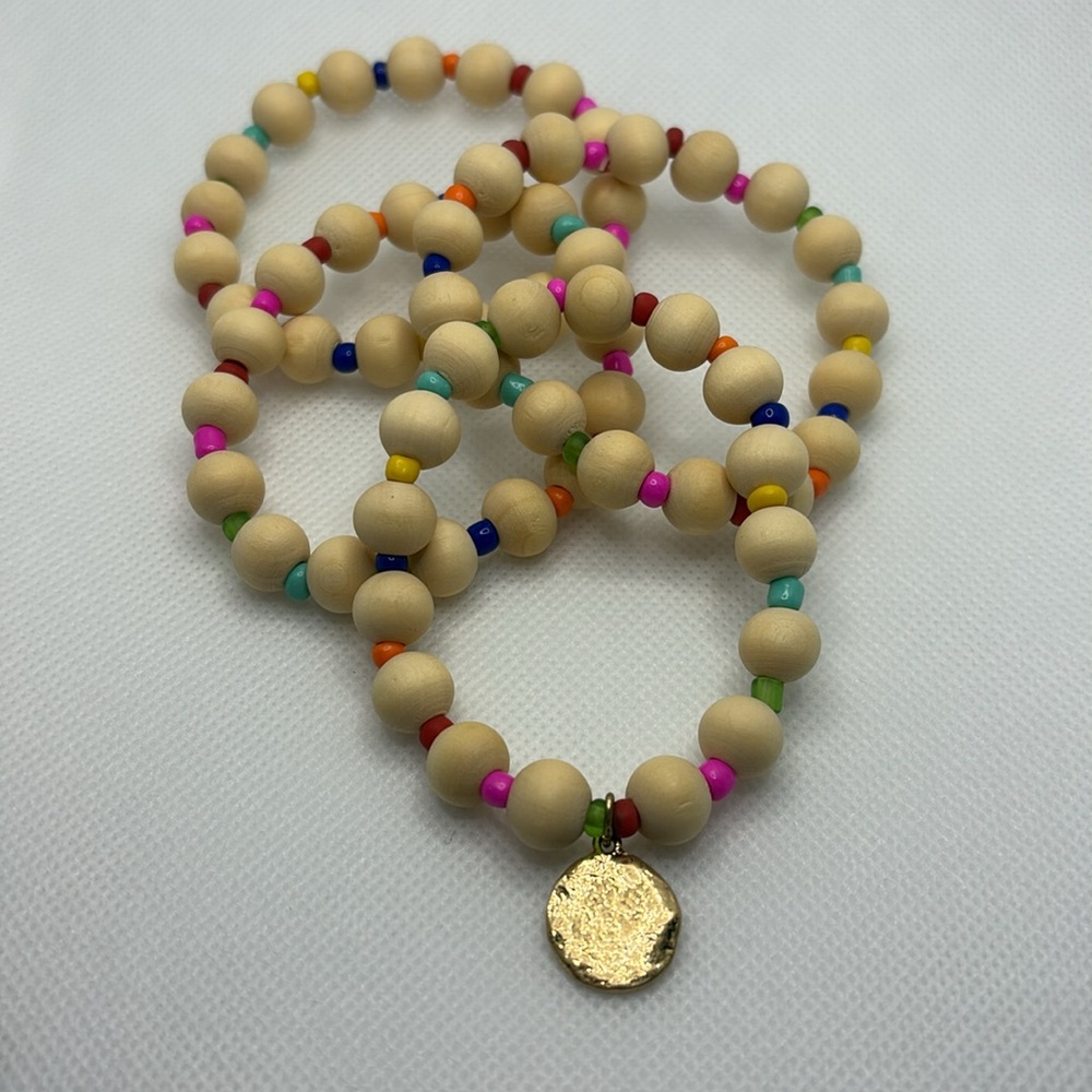 🌈 Wooden and Colorful Beaded Stretch Bracelets with Gold Charm (Set of 4)